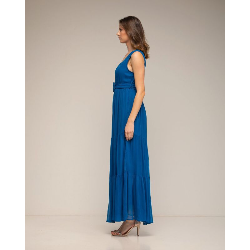 Long Dress With Ruffle And V-Neck Blue image