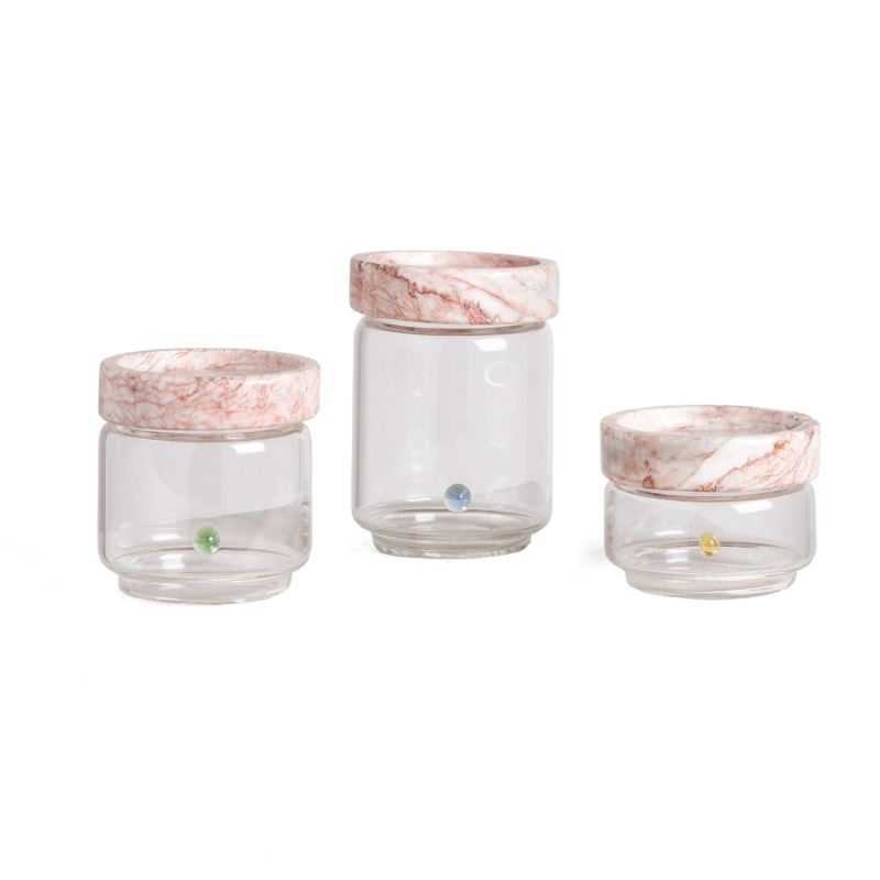 Three Stackable Glass Containers w/ Pink Marble Lid image