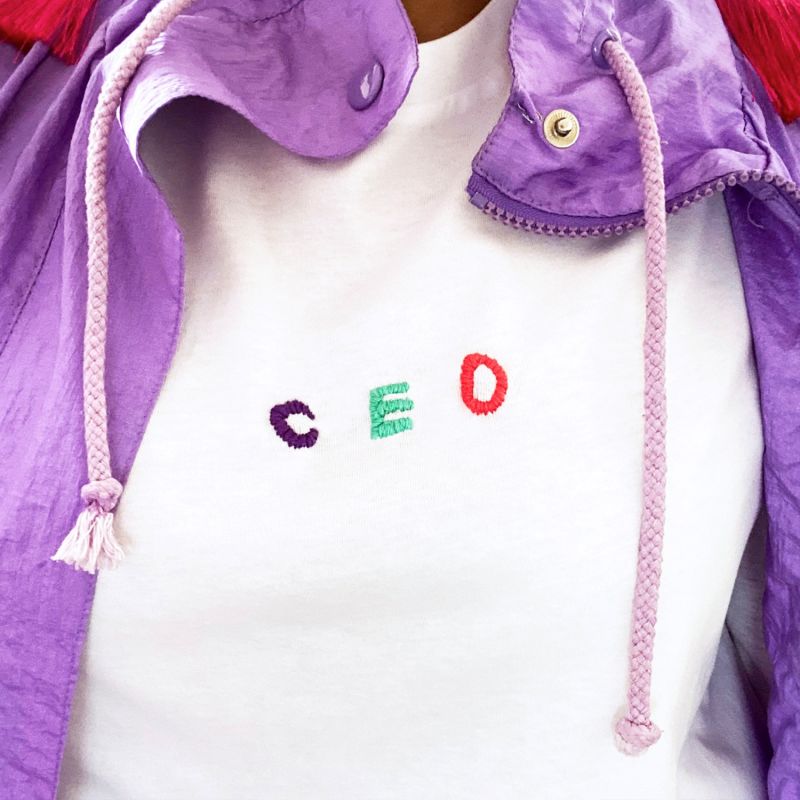 White Hand Embroidered C E O T-Shirt image