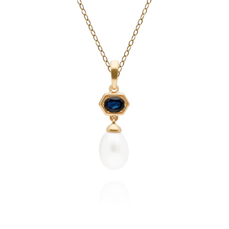 Modern Pearl & Blue Sapphire Pendant In Yellow Gold Plated Silver image