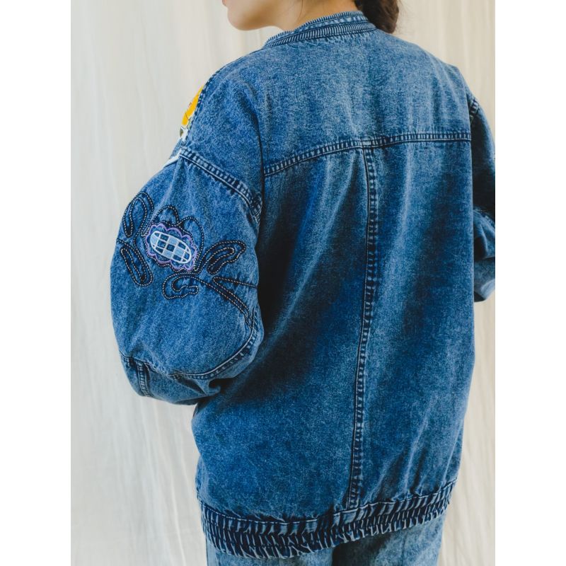 Vintage Denim Jacket With Colourful Floral Patches Sugar Cream