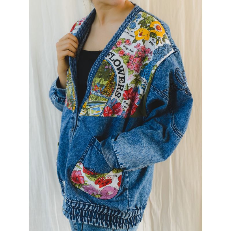 Vintage Denim Jacket With Colourful Floral Patches | Sugar Cream ...