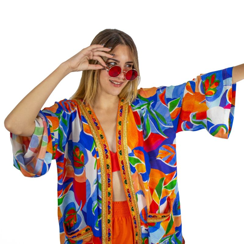 Colorful Leaf Print Midi Kimono With Embroidery Borders image