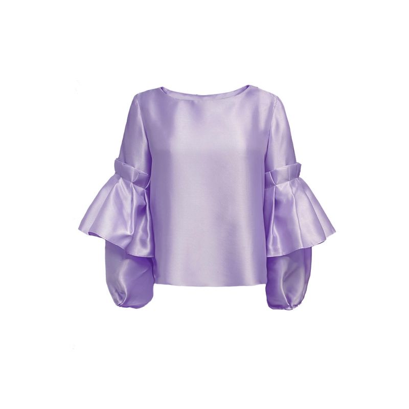 Round Neck Top With Pleated Puff Sleeves In Lavender image