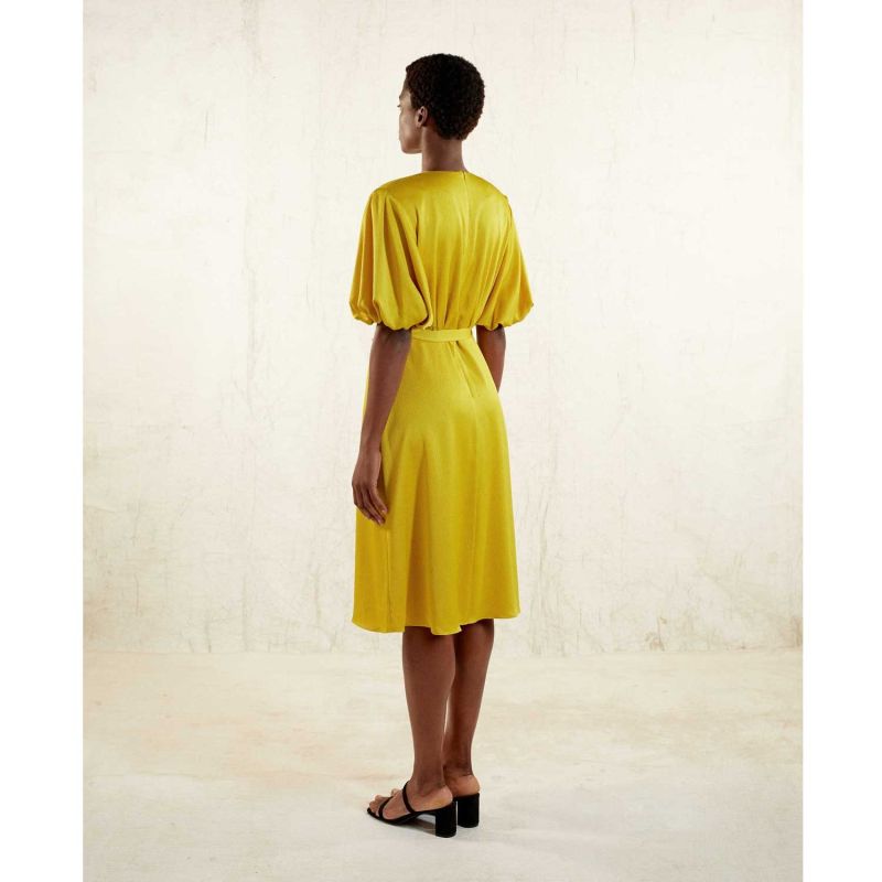 Draped Puff Sleeve Satin Dress - Golden Yellow image