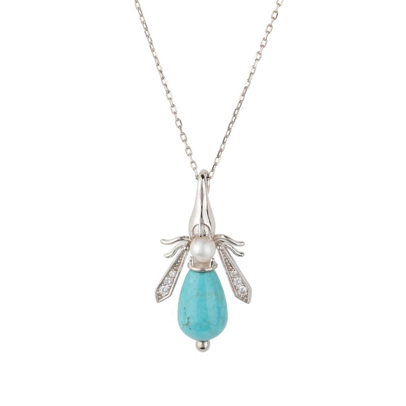 Turquoise & Pearl Honey Bee Necklace Silver image