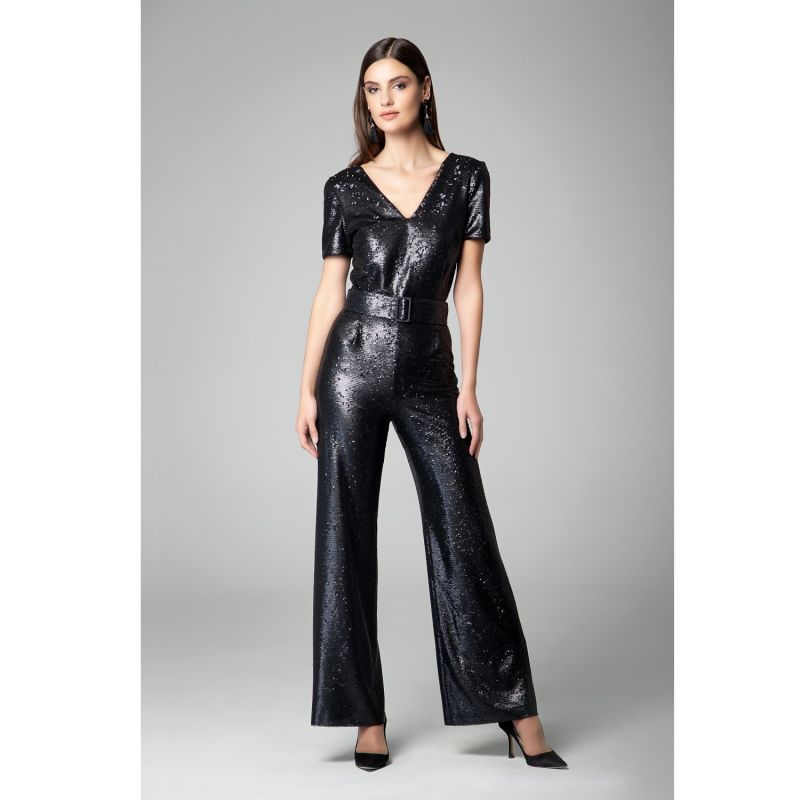 Naomi Black Sequin Jumpsuit With V-Shaped Back And Belt image