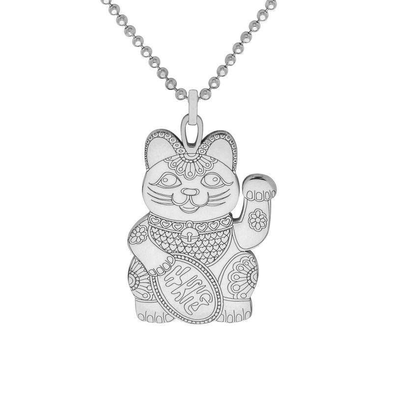 Large Silver Lucky Cat Pendant Necklace image