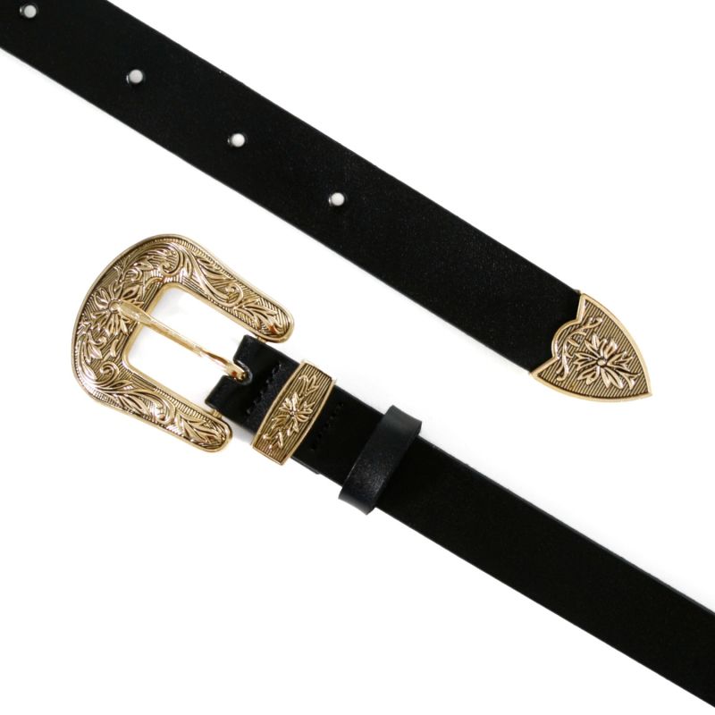 Black Leather Belt With One Golden Ornament Buckle image