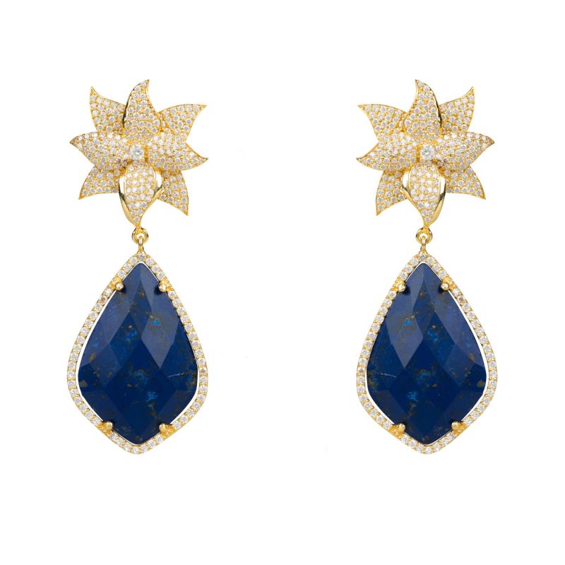 Lotus Flower Lapis Lazuli Teardrop Earrings Gold image