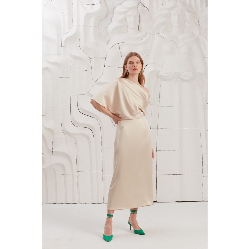 Ilene Beige Satin Asymmetric Open Shoulder Midi Dress image