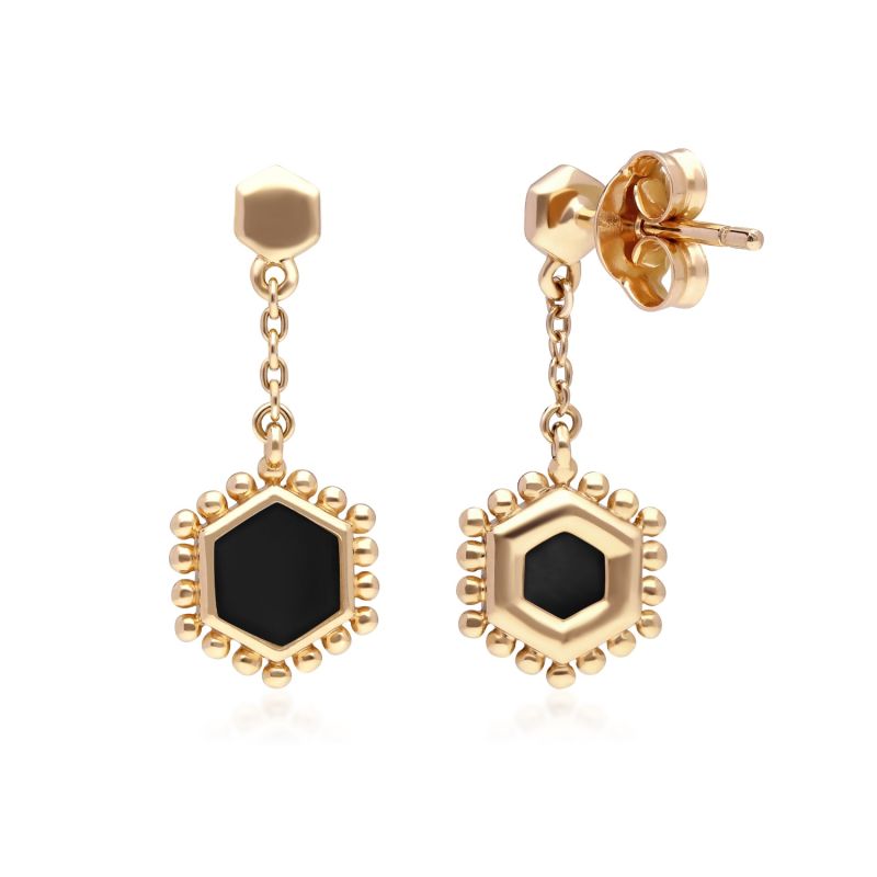 Black Onyx Slice Earrings In Gold Plated Silver image