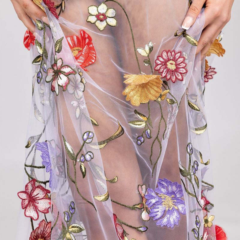 Celestial Pink - Skirt Of Embroidered Multicoloured Cascading Flowers On Pale Pink Mesh image