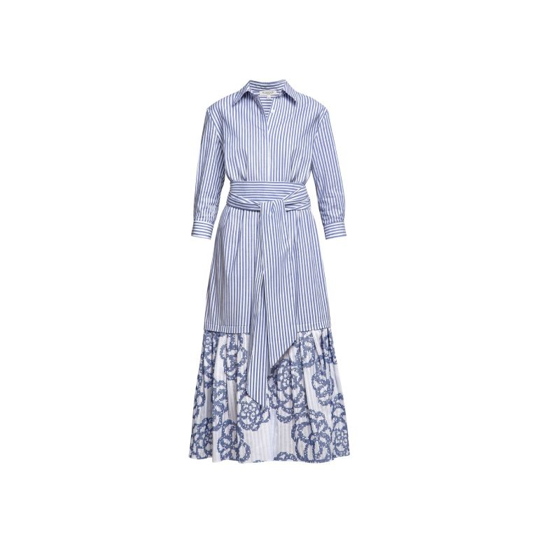 Santorini Belted Striped Shirt Dress With Embroidered Panel image