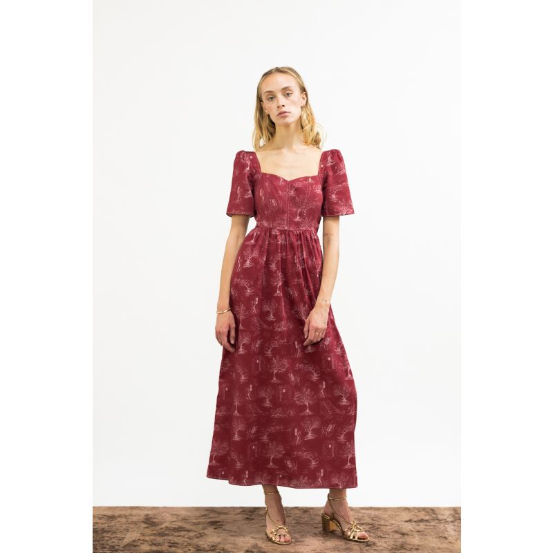 Beatrice Maxi Dress With A Sweetheart Neckline In Ruby Red & Alabaster White Cotton Toile image