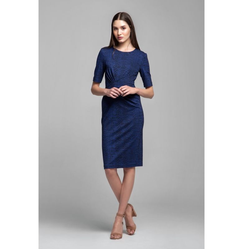 Rebecca Soft Jersey Dress With Waistline Drapes In Blue Print image