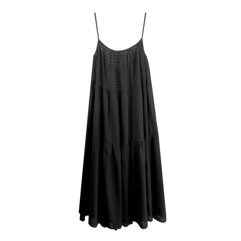 Cotton Linen Tiered Patchwork Slip Dress - Black image