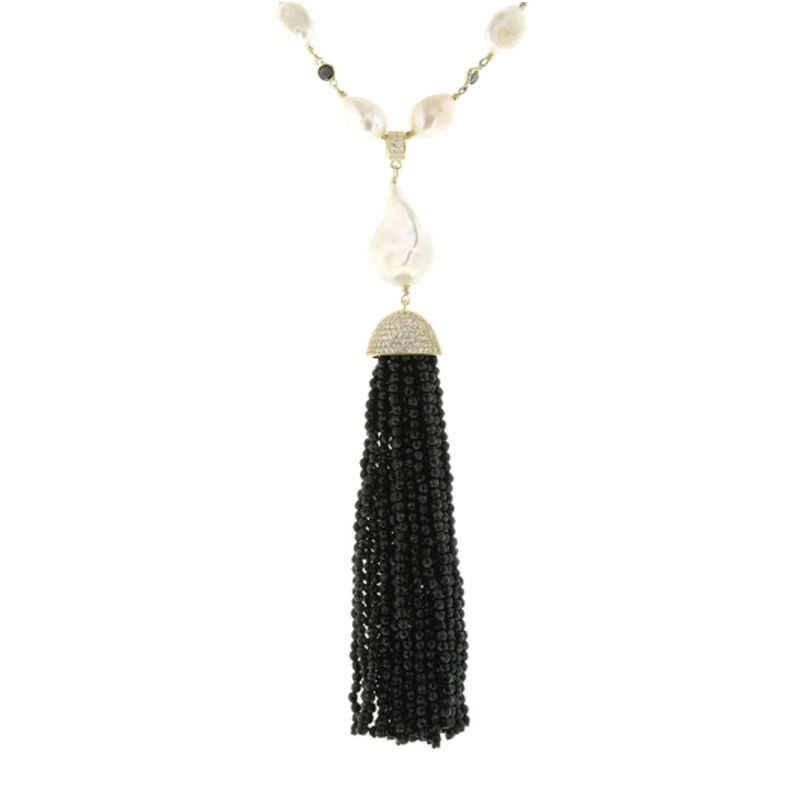 Gold Sterling Silver Pearl & Onyx Tassel Necklace image