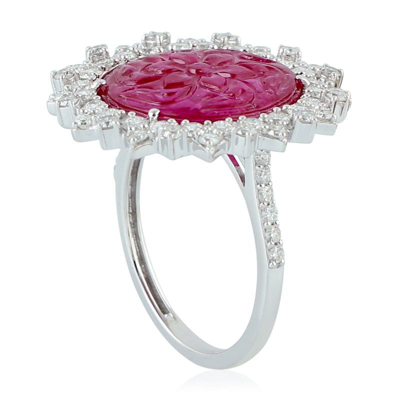 18K White Gold In Natural Diamond & Carving Ruby Flower Cocktail Ring image