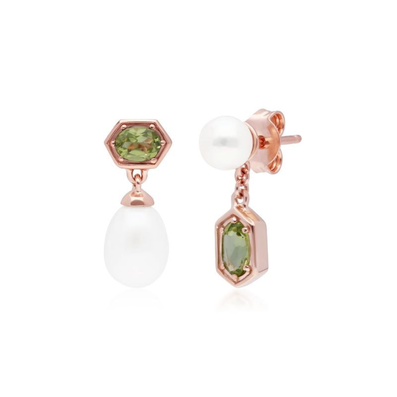 Mismatched Peridot & Pearl Dangle Earrings In Rose Gold Plated Silver image