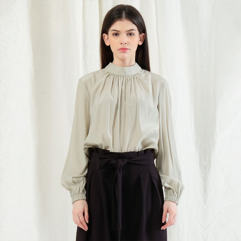 Orya Viscose High Neck Long Sleeves Top In Light Sage Green image