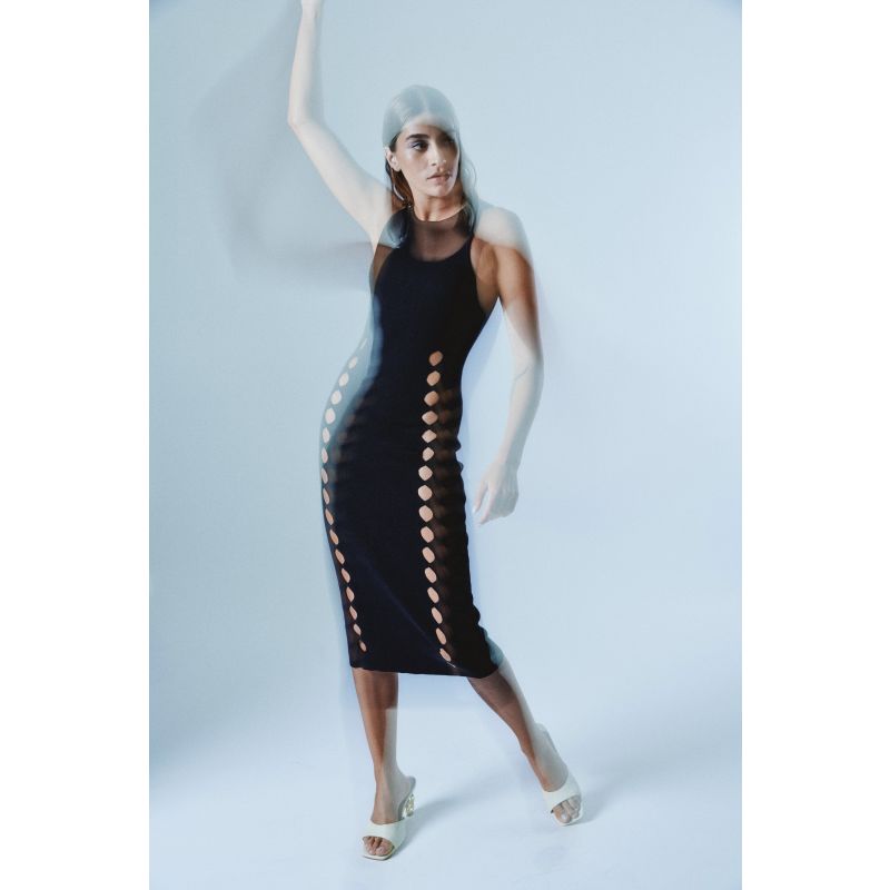 Engineered Cut Out Silk Blend Midi Knit Dress - Black image