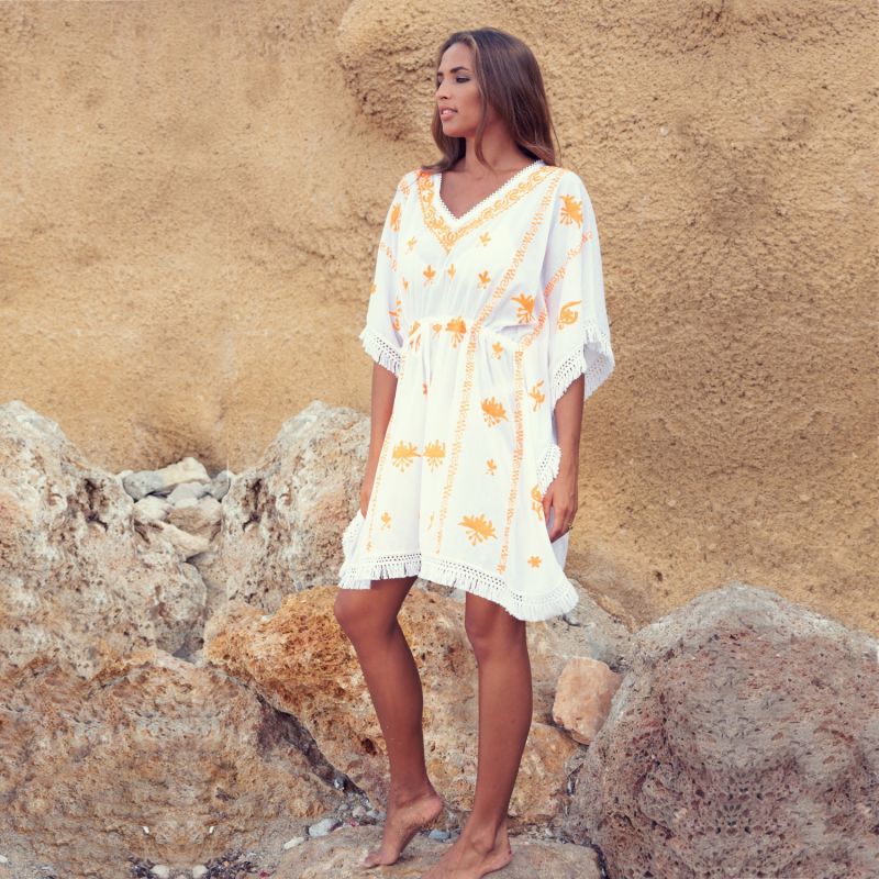 Mykonos White Embroidered Fringed Kaftan image