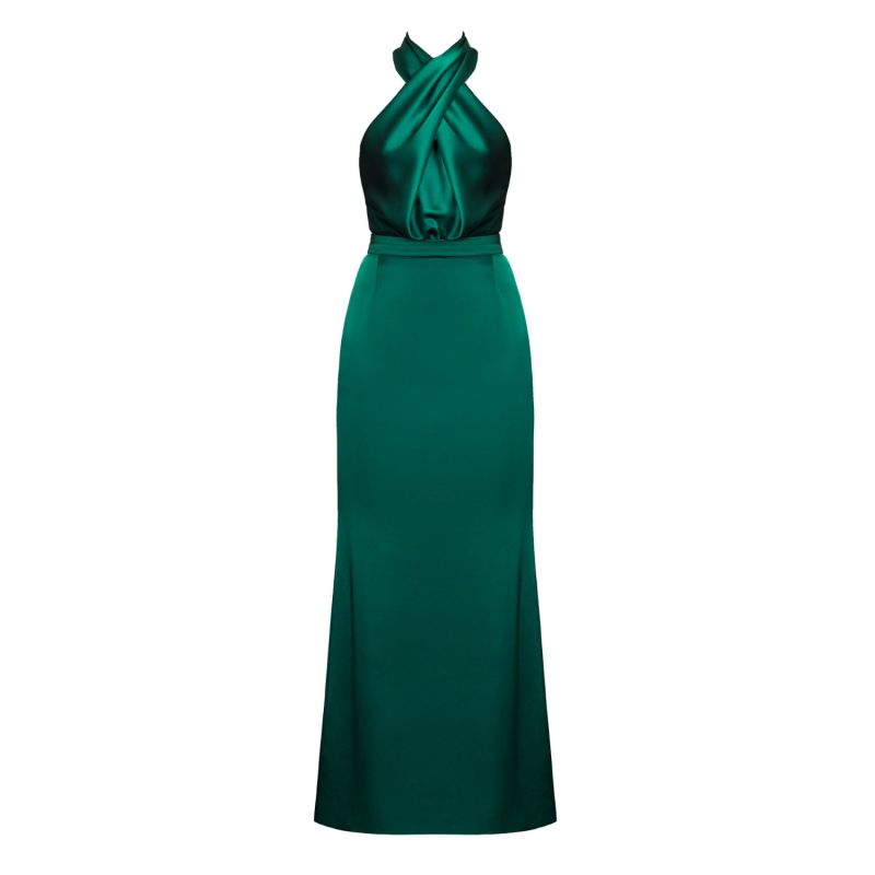 Aliur Green Satin Halter Neck Long Evening Dress image