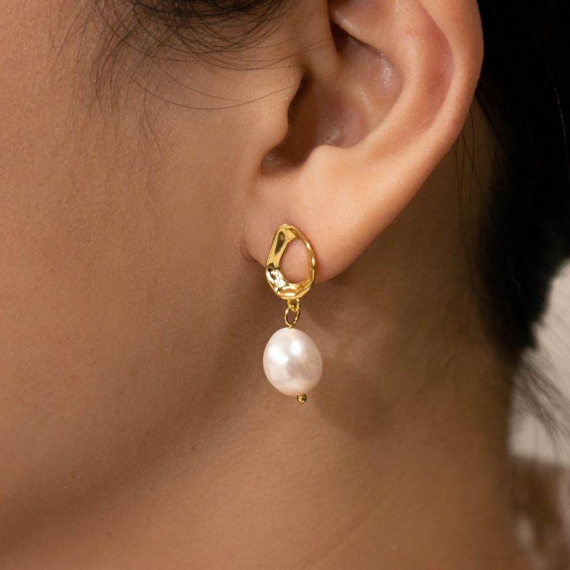 Ripples Baroque White Pearl Gold Earrings image