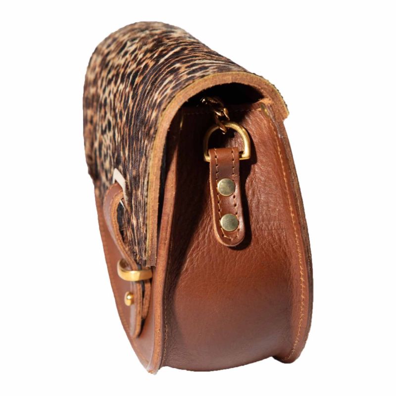 Mini Victoria Jaguar Print Full Grain Tan Leather Crossbody Saddle Bag With Gold Chain image