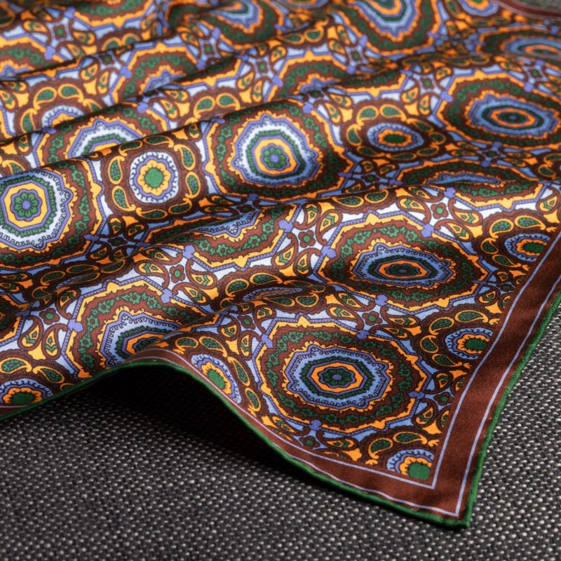 'Whirligig' Medallion Silk Pocket Square In Brown, Gold, Blue & Green. Full-Size. image