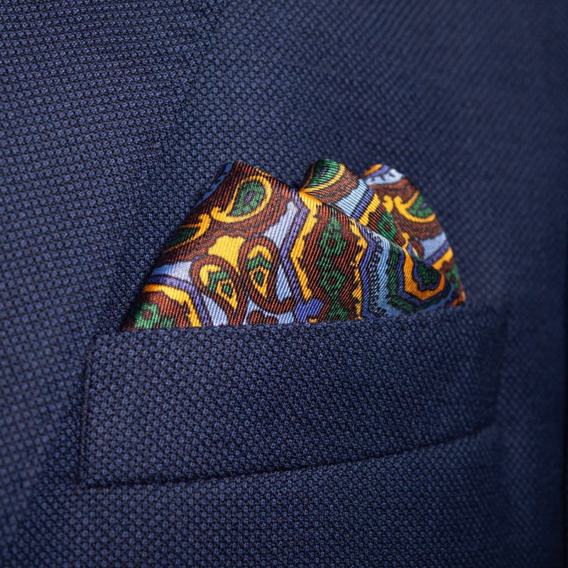 'Whirligig' Medallion Silk Pocket Square In Brown, Gold, Blue & Green. Full-Size. image