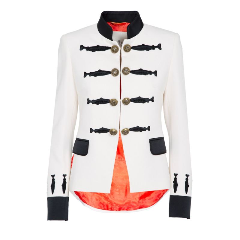 White Crepe Embroidered Military Blazer With Golden Buttons Nuvola