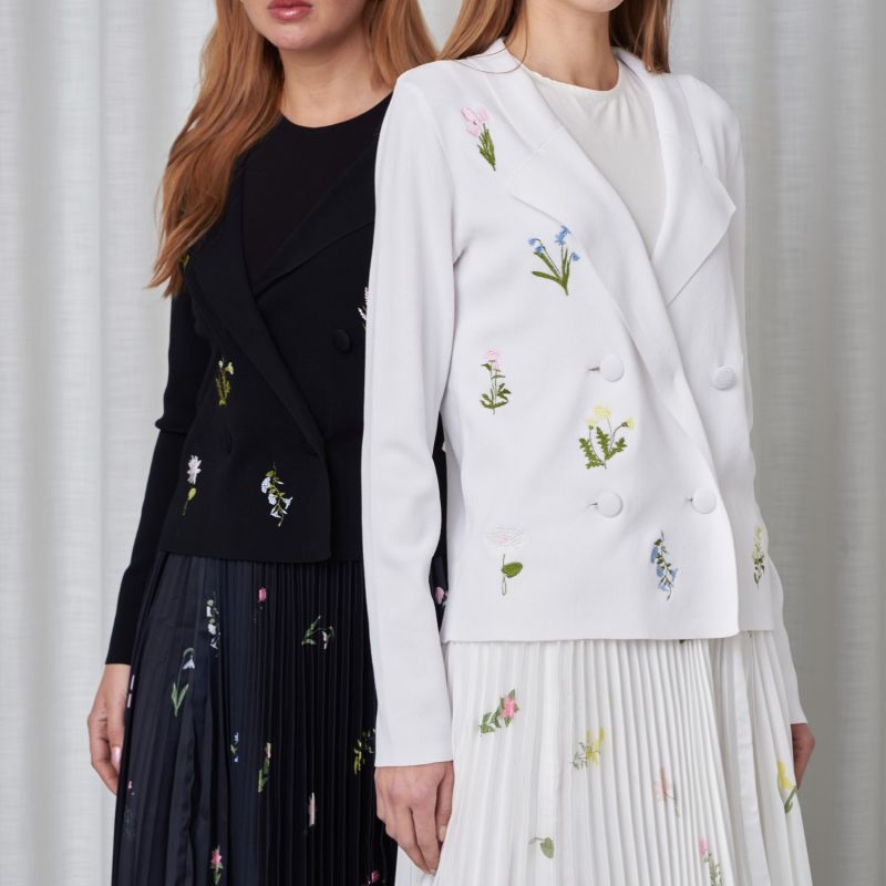 White Flower Embroidered Knit Blazer image