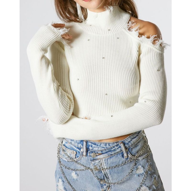 White Open Shoulder Cropped Sweater With Stones image