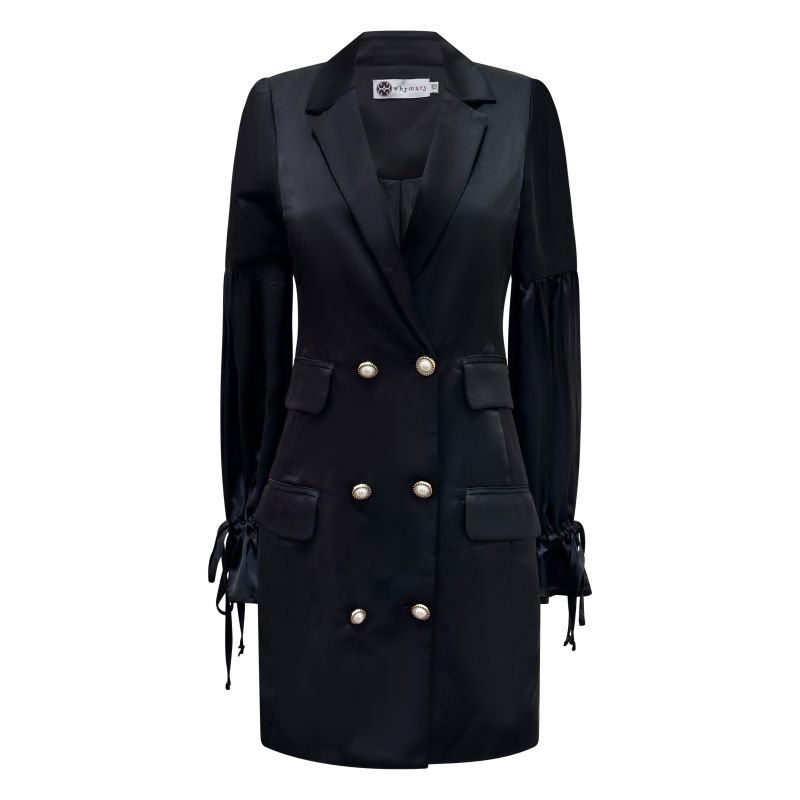 Double Breasted Coat Dress In Black Satin - Coco Crush image