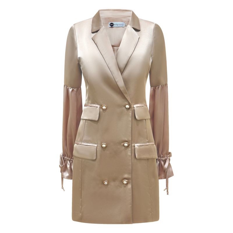 Double Breasted Coat Dress In Nude Satin - Champagne Crush image