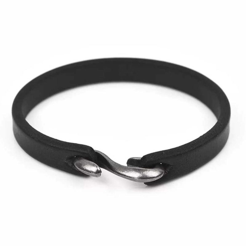 Black Leather Bracelet With Hook Closure image