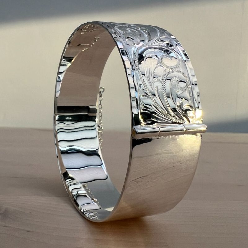 Wide Hand Engraved Vintage Style Bangle Sterling Silver image