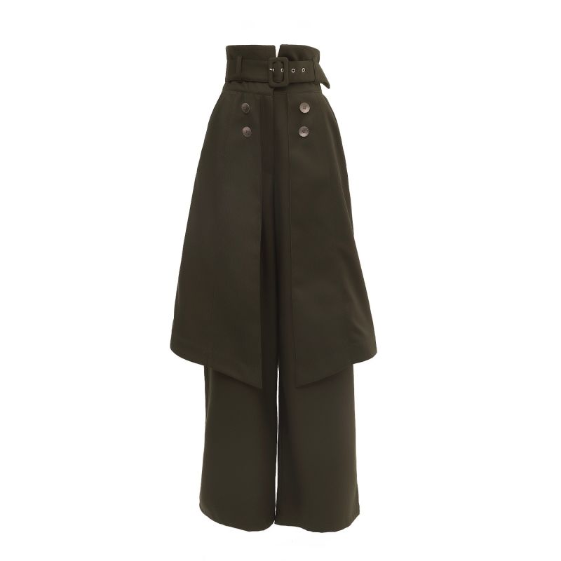 Wide Leg Trousers With Skirt Overlay Dark Green image