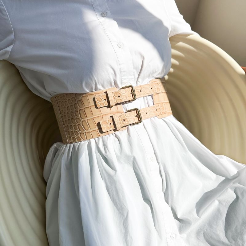 Wide Waist Under Bust Corset Belt-Beige Croc image