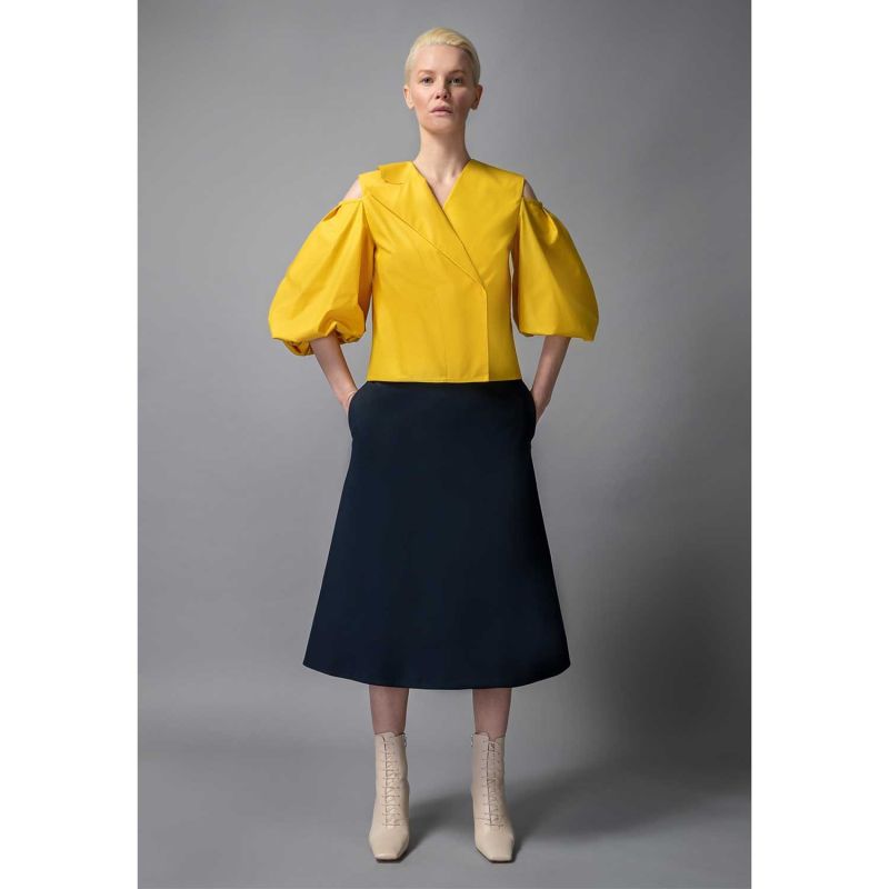 Cold Shoulder Puff Sleeve Lapel Top - Yellow & Orange image