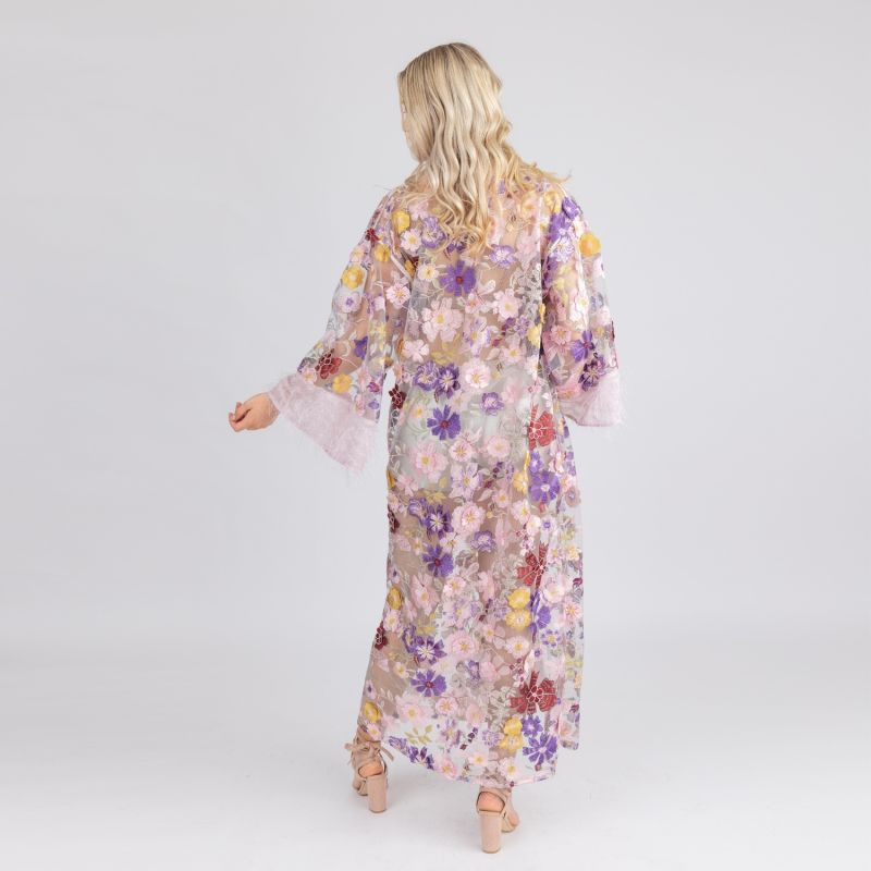 Anthem - Shades Of Pink Mesh Robe With Cascading Flowers And Sparkle Fringe image