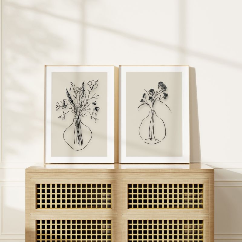 Wild Flowers And Gypsophilia Ink Drawings - Print Pair image