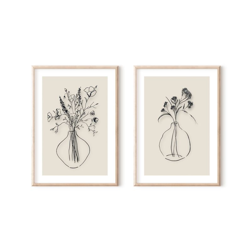 Wild Flowers And Gypsophilia Ink Drawings - Print Pair image