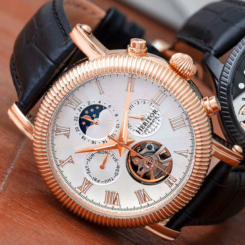 Winston Semi Skeleton Leather Band Watch with Day and Date Rose