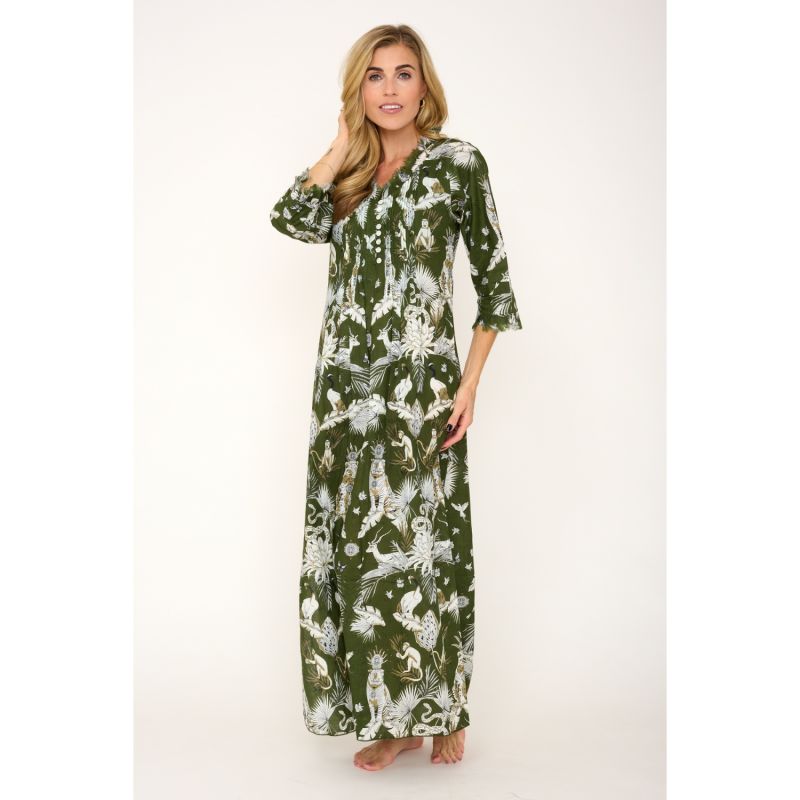 Cotton Annabel Maxi Dress In Olive Green Tropical image