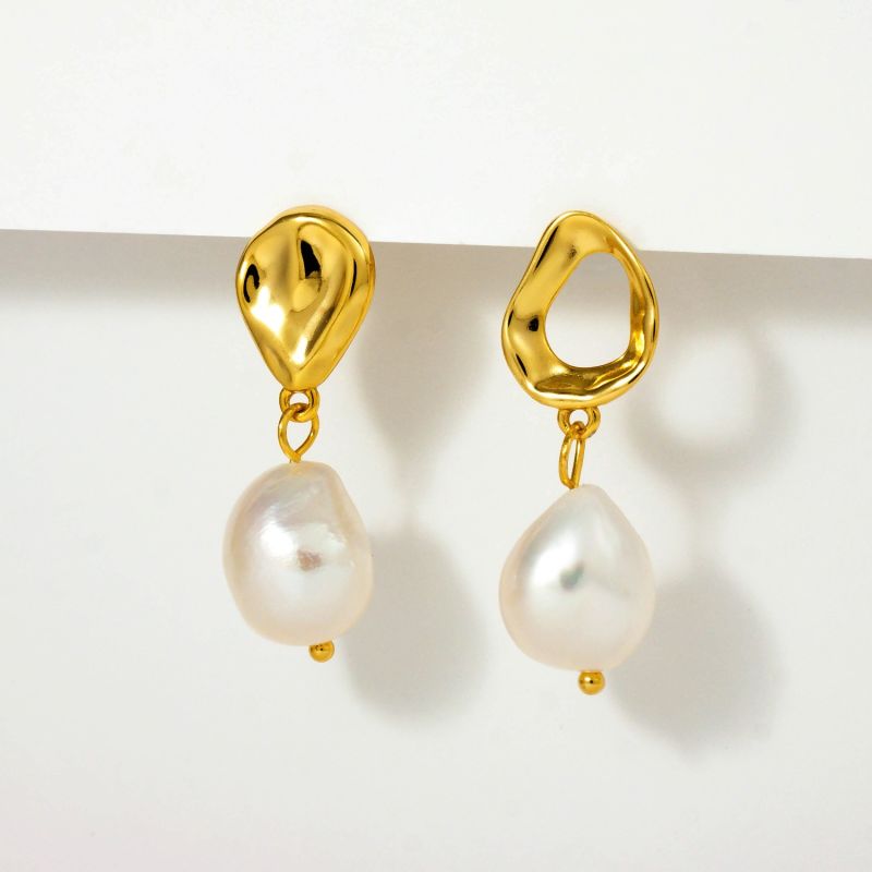 Ripples Baroque White Pearl Gold Earrings image