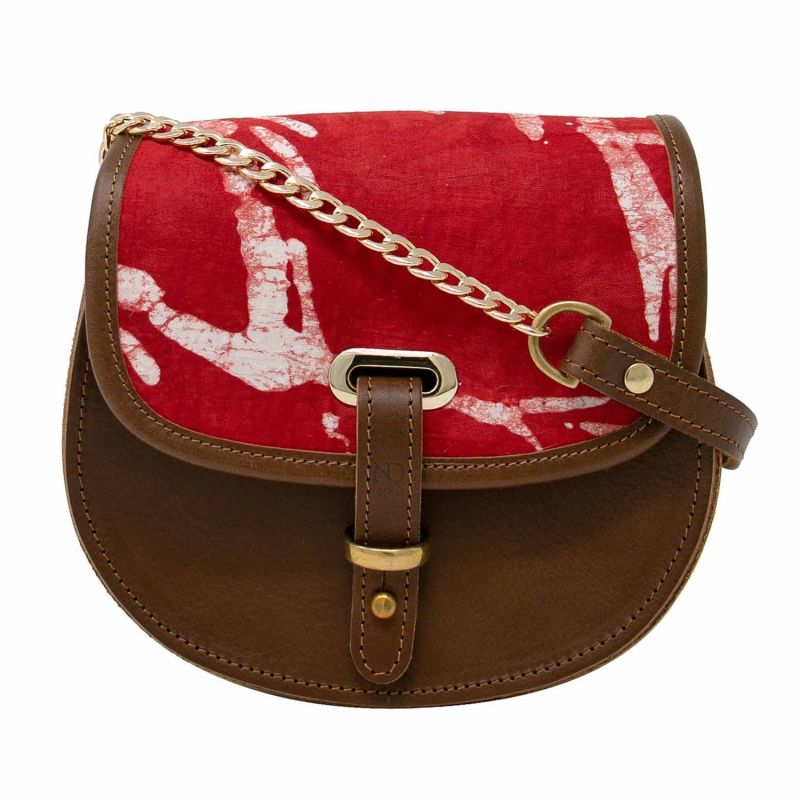 Mini Victoria Amaka Red & White African Print Full Grain Tan Leather Crossbody Saddle Bag With Gold Chain image