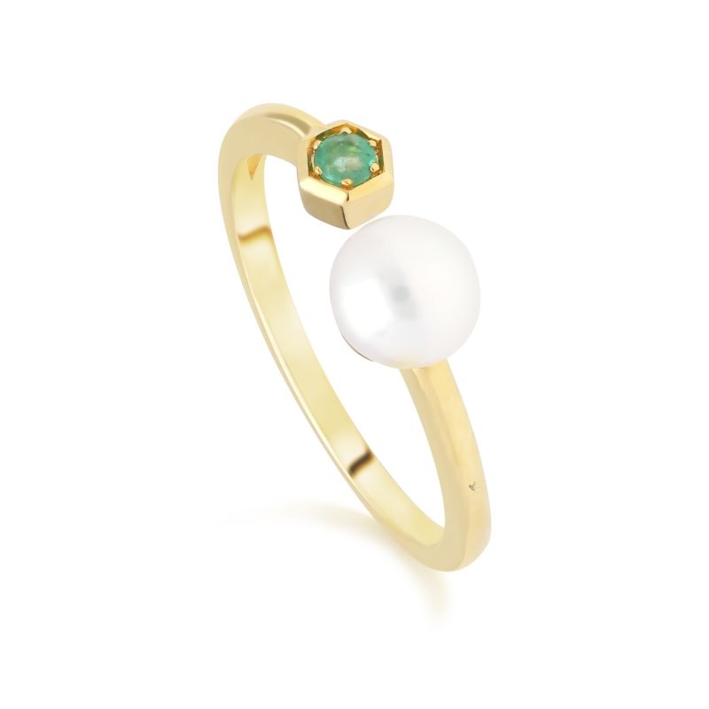 Modern Pearl & Emerald Open Ring In 9ct Yellow Gold image